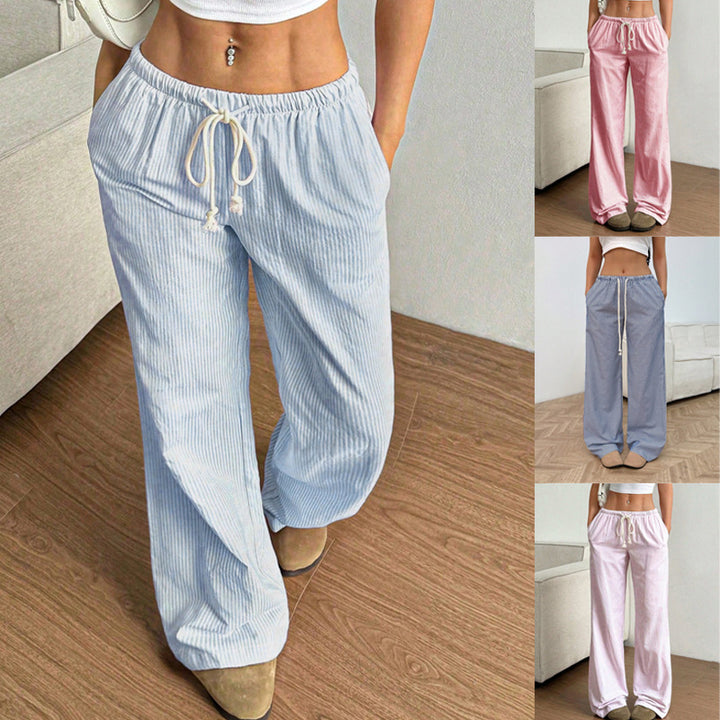 Ladies Wide Leisure Pants with Drawstring, Elastic Waistband and Fine Stripe Texture Mune Fashion