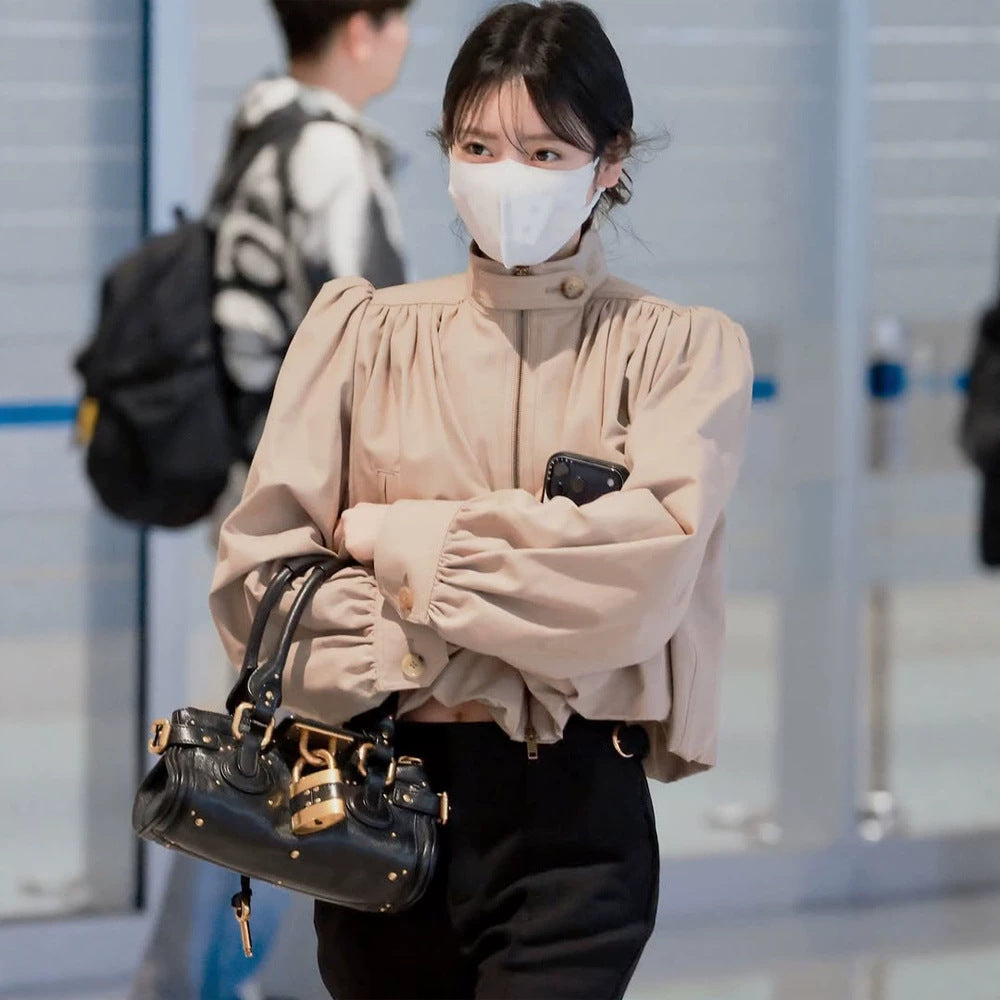 Women Lightweight Blouson Jacket with Balloon Sleeves and Stand-up Collar Mune Fashion
