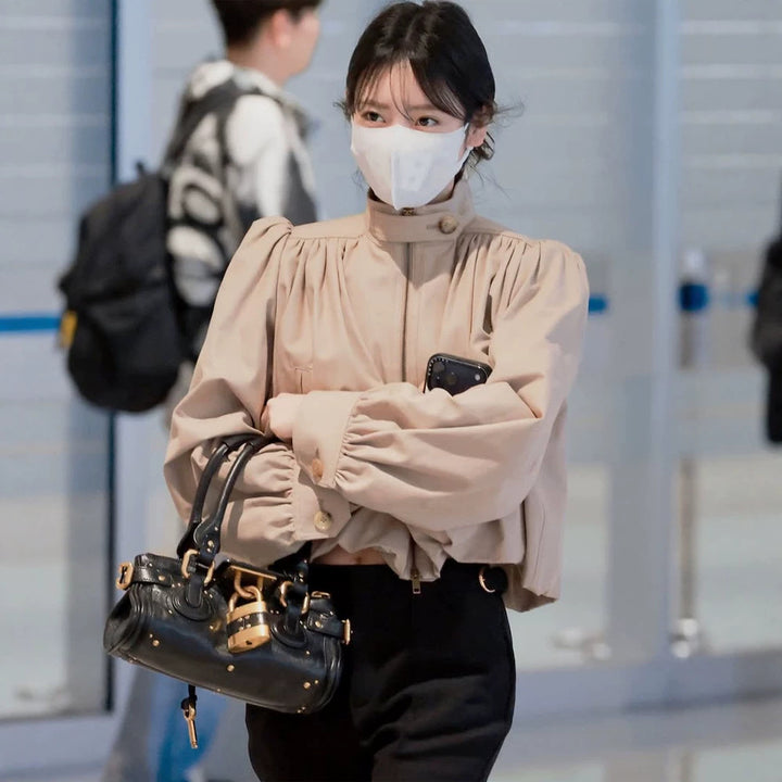 Women Lightweight Blouson Jacket with Balloon Sleeves and Stand-up Collar Mune Fashion