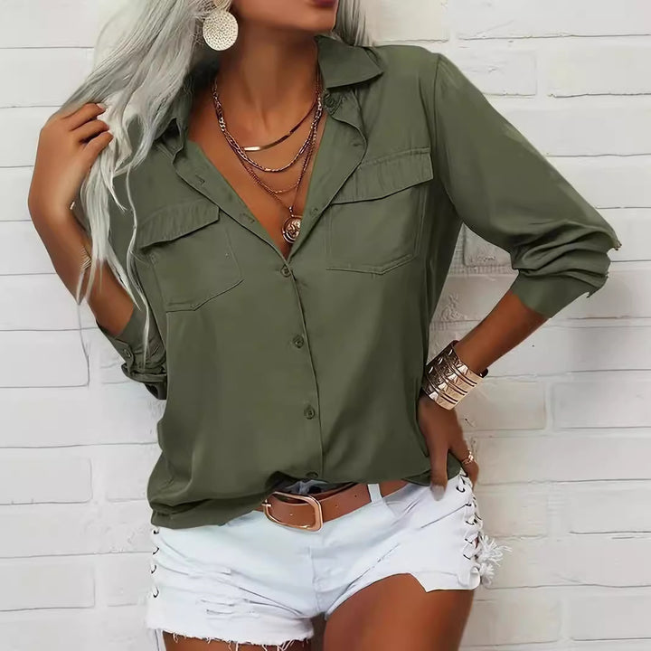 Ladies light V-neck chiffon blouse with breast pockets and buttoned front closure Mune Fashion