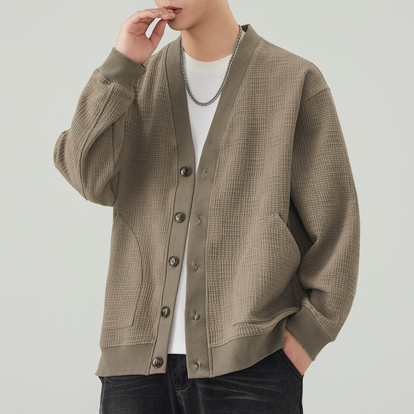 Men's textured knit cardigan with V-neck and patch pockets Mune Fashion