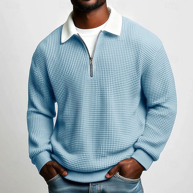Men's structured waffle knit pullover with polo collar and short zipper Mune Fashion