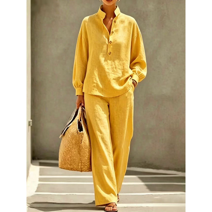 Women's Light Linen Look Two-Piece Set with Stand Collar Henley Blouse and Wide Palazzo Pants Mune Fashion