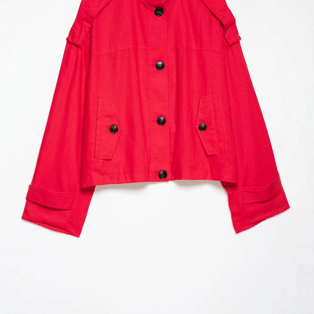 Women's 20+ short cape trench with stand collar and overlapping shoulder straps Mune Fashion