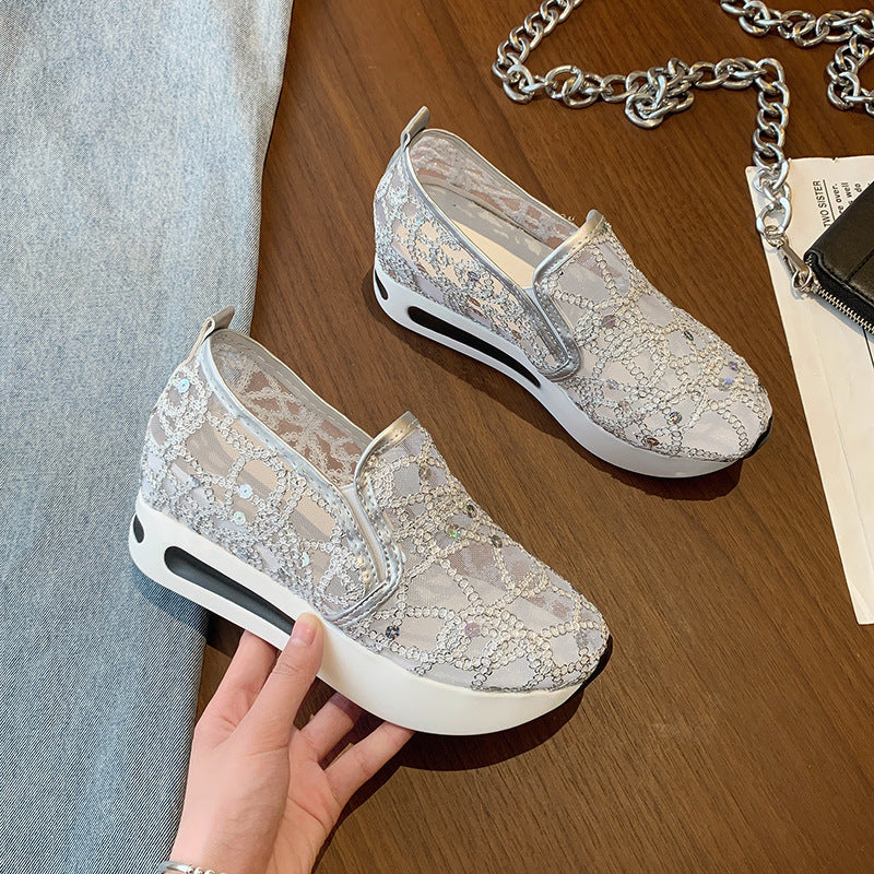 Women's Elegant Wedge Slippers with Transparent Mesh, Sequin Embroidery and Cushioning Platform Sole Mune Fashion
