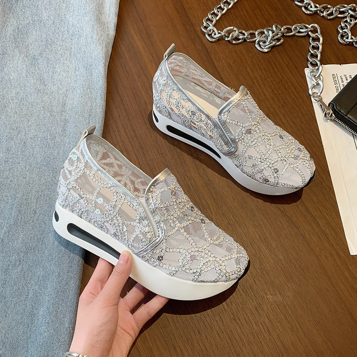 Women's Elegant Wedge Slippers with Transparent Mesh, Sequin Embroidery and Cushioning Platform Sole Mune Fashion