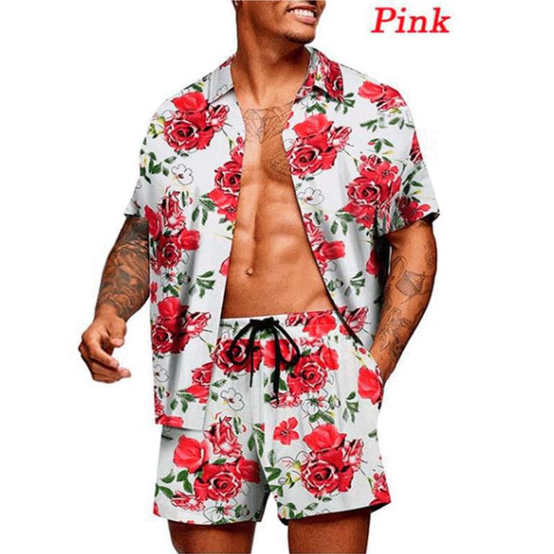 Men's tropical short sleeve shirt and swim shorts set with lapel collar, drawstring, and practical side pockets Mune Fashion