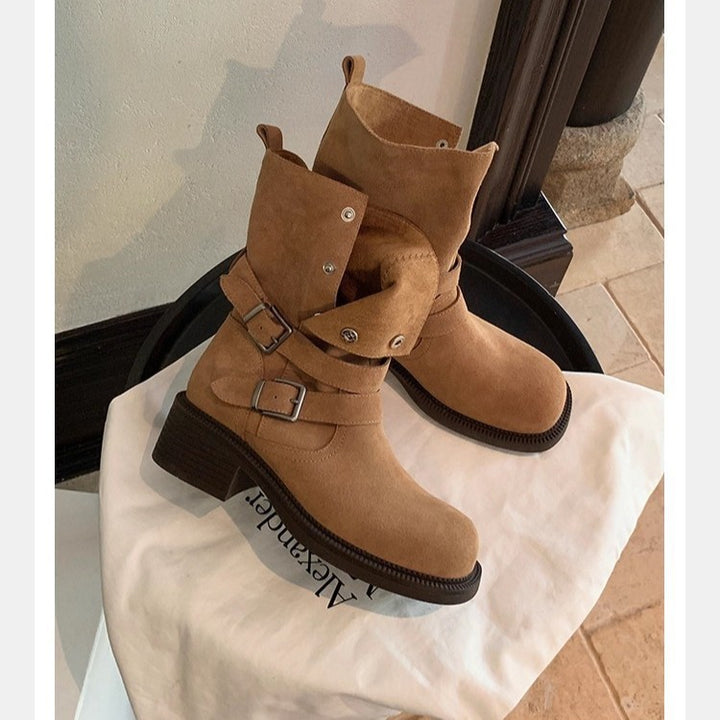 Women's suede biker boots with buckles and medium block heel Mune Fashion