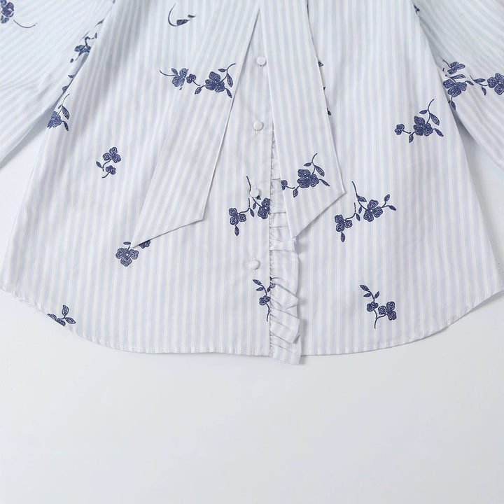 Women's sweater blouse with bow collar, ruffle yoke and floral embroidery Mune Fashion