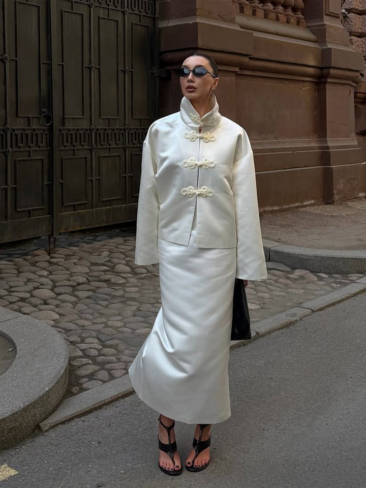 Women's Two-Piece Satin Set with Stand Collar, Decorative Knot Closures and Tailored Maxi Skirt Mune Fashion