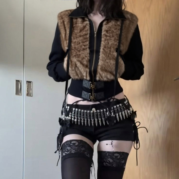 Women's short jacket with faux fur front, high standing collar and tailored ribbed waistband Mune Fashion