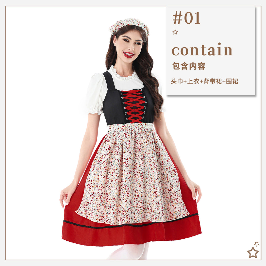 Ladies' traditional dirndl dress with laced bodice and floral apron Mune Fashion