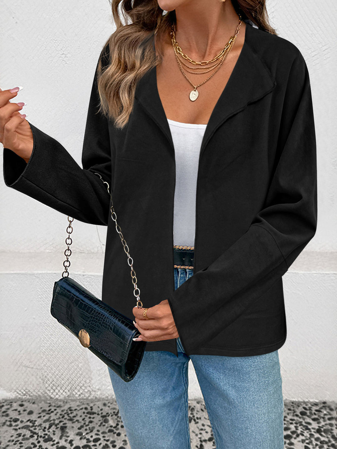 Women Lightweight Open Blazer with Draped Lapels and Wide Sleeves Mune Fashion
