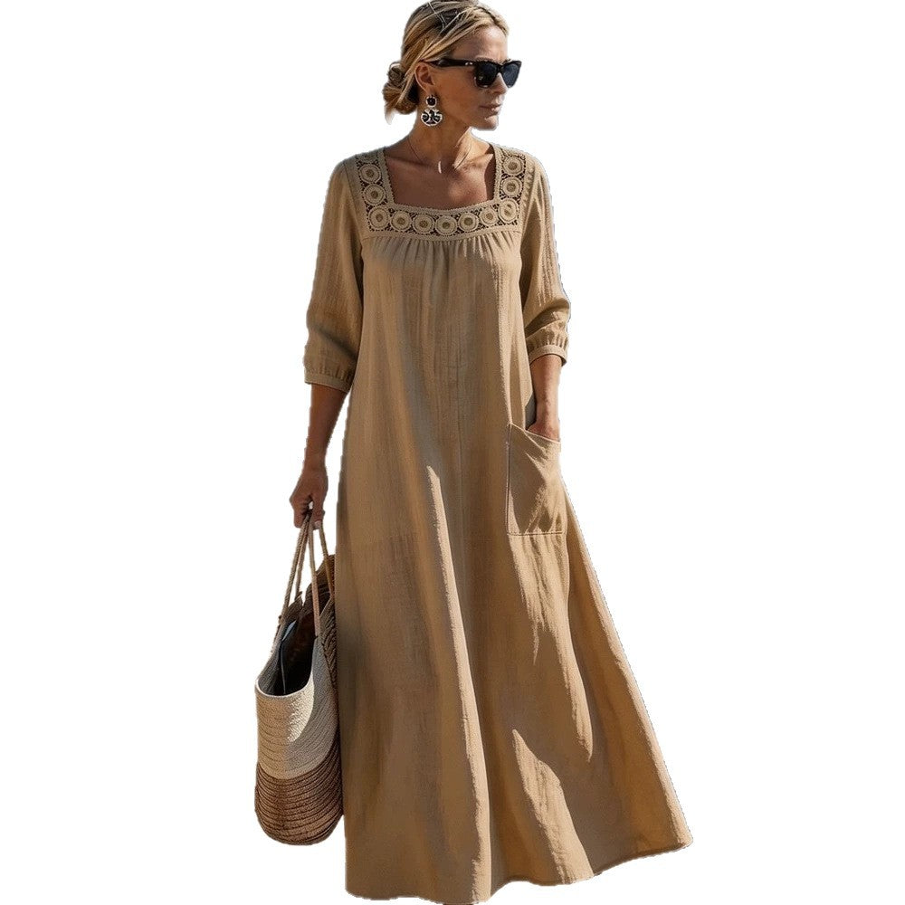 Women's maxi dress with crochet square neckline, three-quarter sleeves, and pocket Mune Fashion