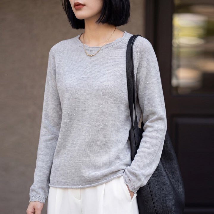 Women lightweight fine knit sweater with subtle glitter look and raglan sleeves Mune Fashion