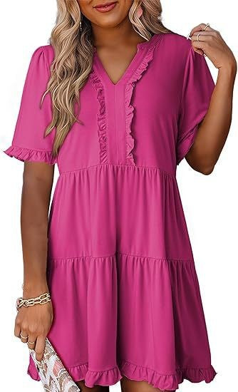 Women's lightweight swing dress with V-neck, tiered skirt and delicate ruffles Mune Fashion