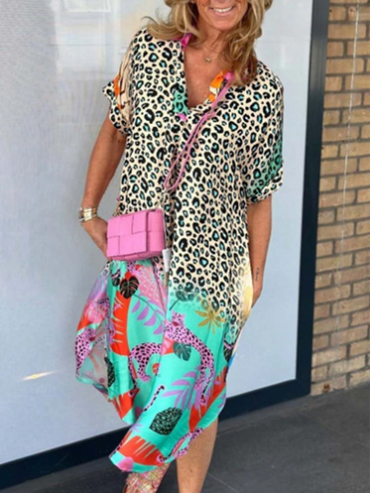 Women nano locker fitted V-neck midi dress with leopard print and tropical motif Mune Fashion
