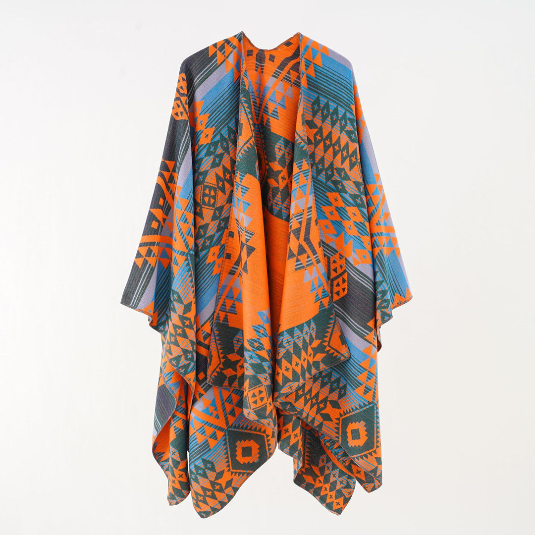 Women's oversized wrap in woven ethnic jacquard with asymmetrical pointed hem Mune Fashion