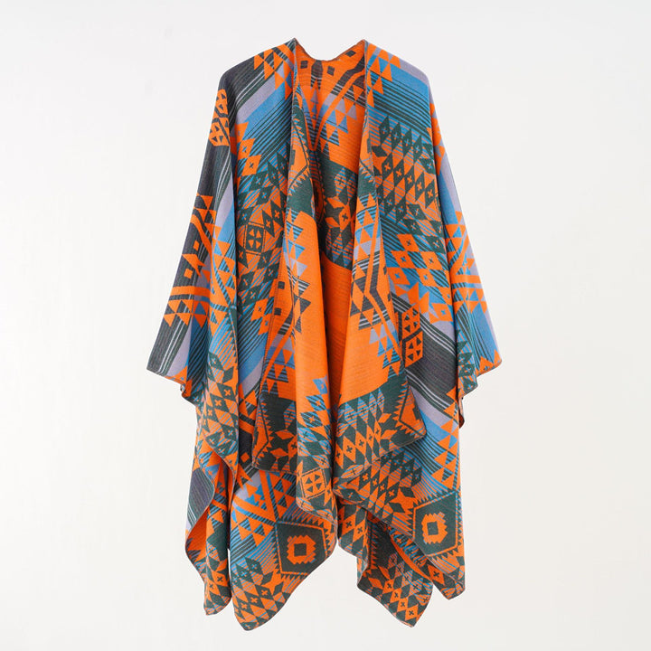 Women's oversized wrap in woven ethnic jacquard with asymmetrical pointed hem Mune Fashion