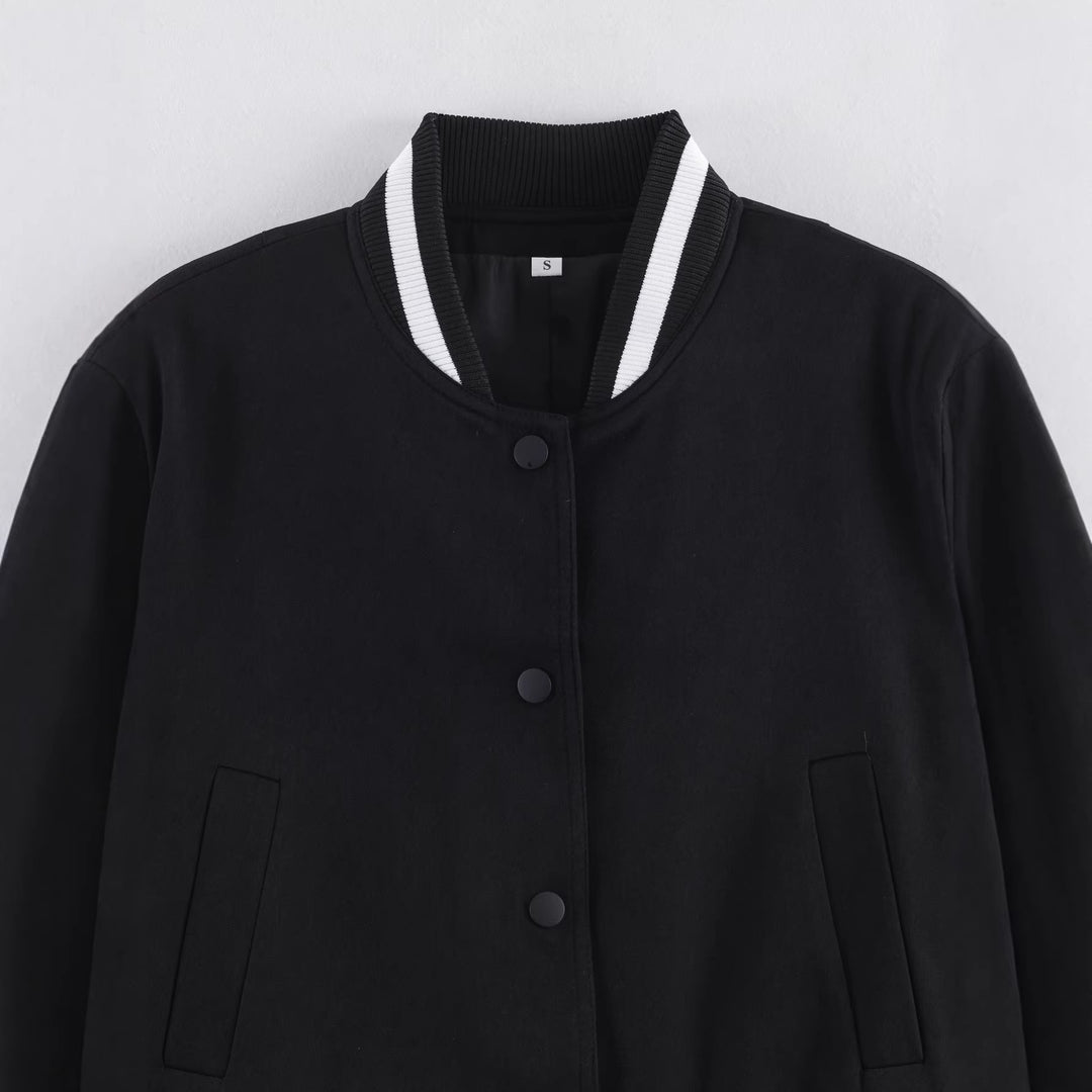Women's Cropped Boxy Bomber Jacket with Ribbed Cuffs and Snap Placket Mune Fashion