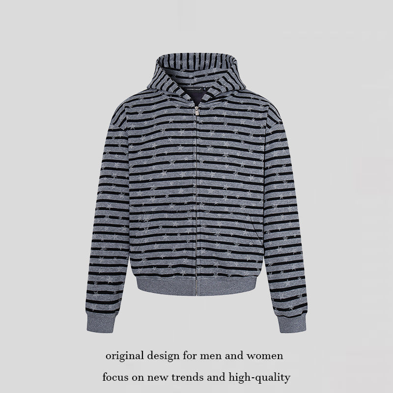 Women Casual Hooded Zip Jacket in Striped Jacquard with Star Structure Mune Fashion