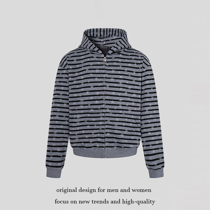 Women Casual Hooded Zip Jacket in Striped Jacquard with Star Structure Mune Fashion