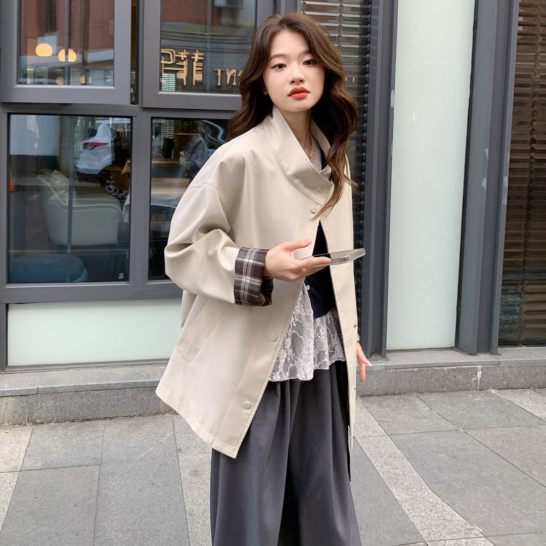 Women Oversized Short Coat with Stand-Up Collar and Checked Sleeve Lining Mune Fashion