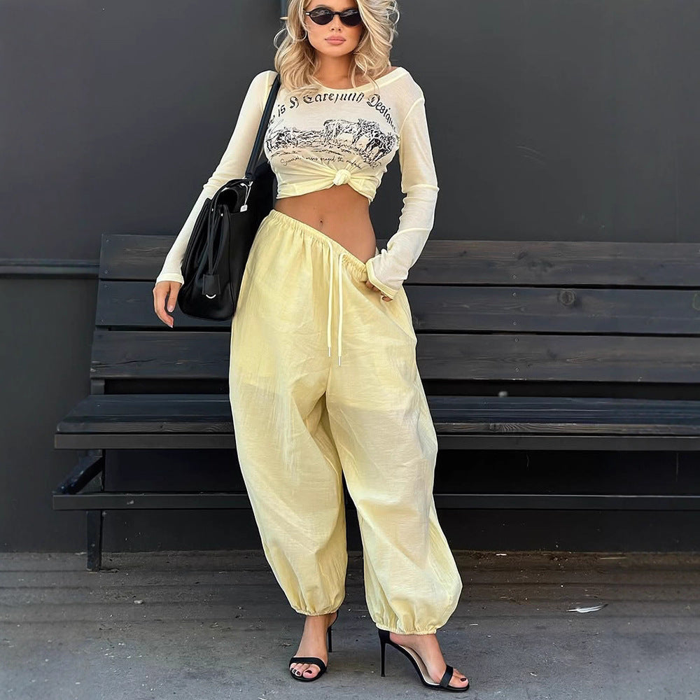 Women Lightweight Balloon Pants with Elastic Waistband, Drawstring & Ruched Ankle Cuff Mune Fashion