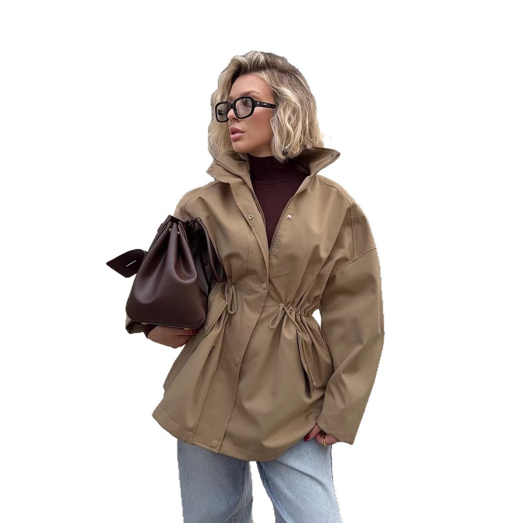 Women's Short Parka with Waist Drawstring and High Collar Mune Fashion