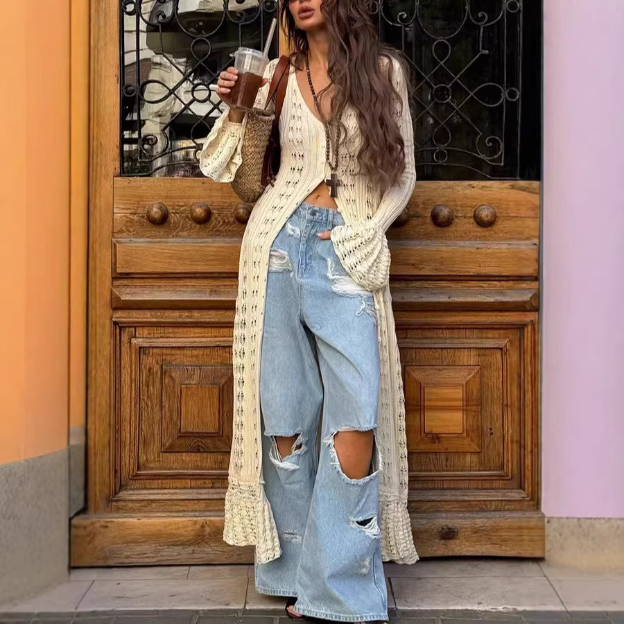 Women Long Crochet Knit Cardigan with Bell Sleeves and Open Front Drune