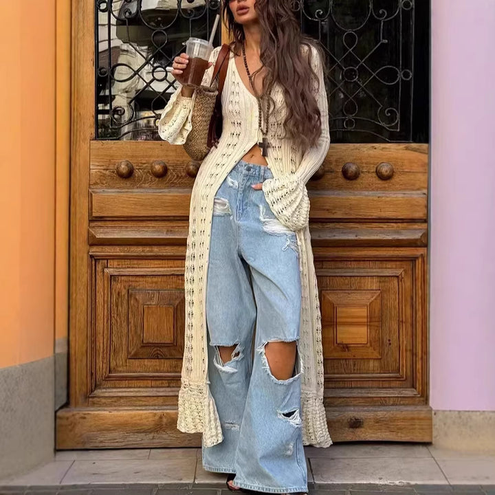 Women Long Crochet Knit Cardigan with Bell Sleeves and Open Front Drune