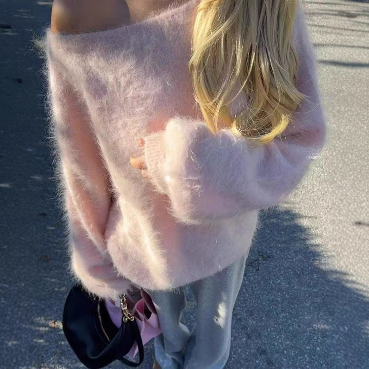 Women's Oversized Knit Sweater with Wide Boat Neck, Raglan Sleeves, and Soft Fluffy Look Mune Fashion