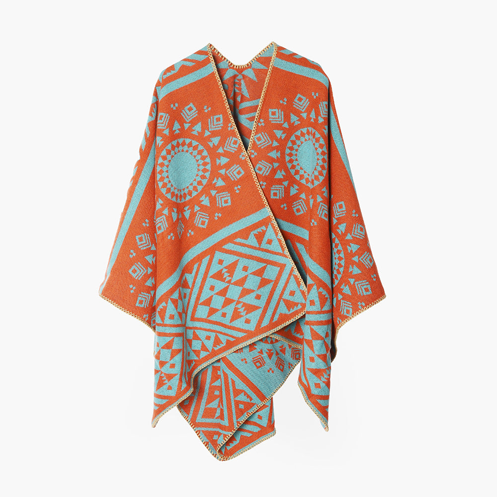 Women's Woven Oversized Cape Poncho with Aztec Jacquard Pattern and Decorative Overlock Edge Mune Fashion