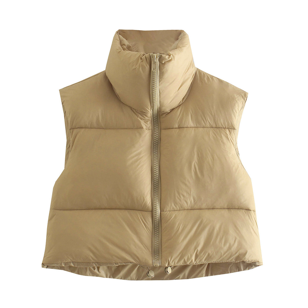 Women short quilted vest with high stand-up collar, lightweight puffer look and adjustable hem Mune Fashion