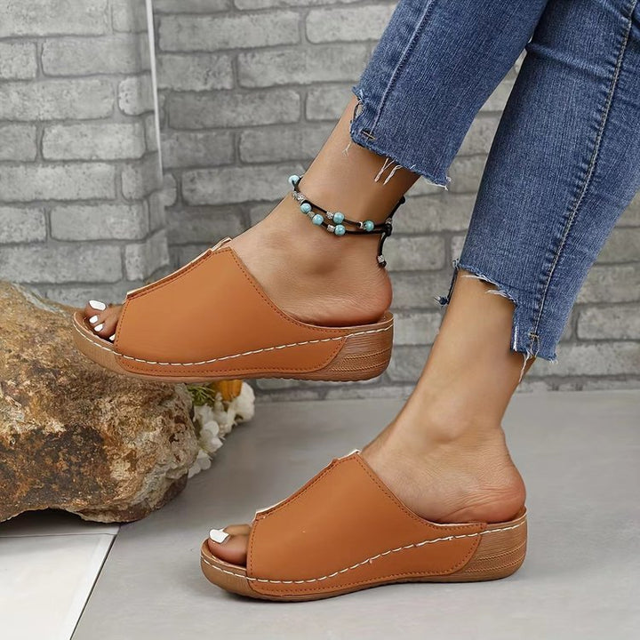 Damen Offene Komfort‑Mules mit gepolstertem Fußbett und Korkoptik‑Plateau Mune Fashion