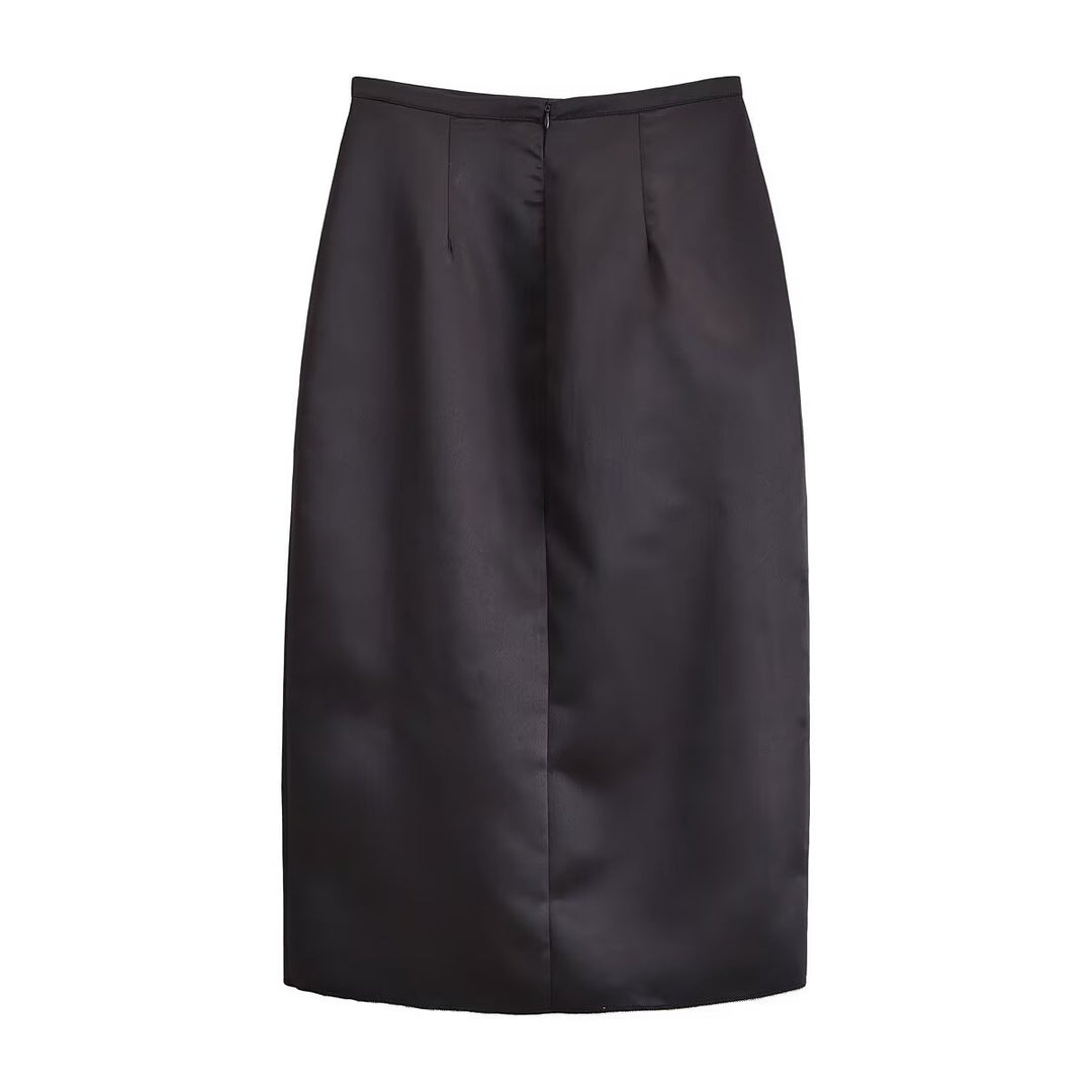 Women's Tailored Midi Skirt with Front Slit and Decorative Toggle Closures Drune