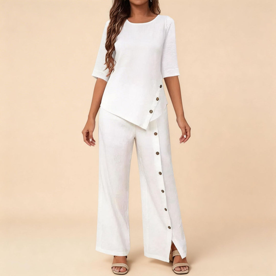 Women's asymmetric two-piece lounge set with 3/4 sleeves and side button decoration Mune Fashion