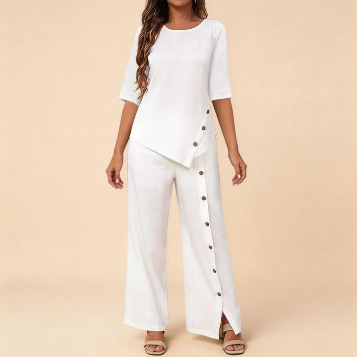 Women's asymmetric two-piece lounge set with 3/4 sleeves and side button decoration Mune Fashion