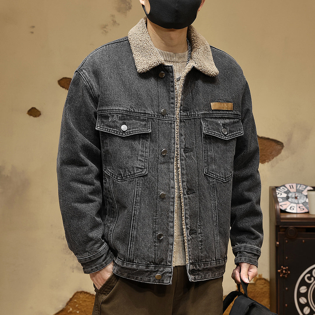 Men's Cozy Denim Jacket with Faux Fur Collar Mune Fashion