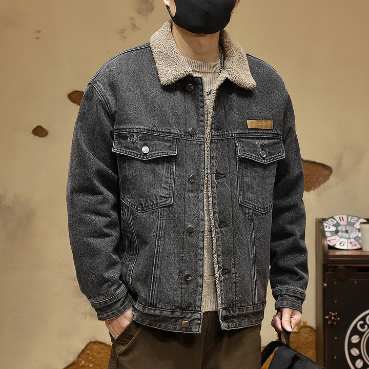 Men's Cozy Denim Jacket with Faux Fur Collar Mune Fashion