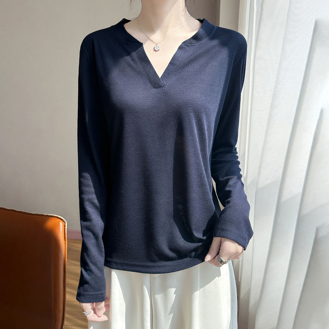 Women's Long-Sleeved Fine Knit Shirt with Slit V-Neck Mune Fashion