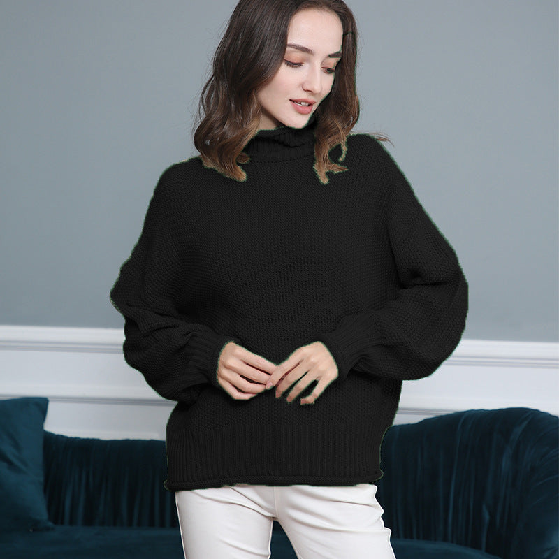 Women's Chunky Knit Turtleneck Sweater with Balloon Sleeves Mune Fashion