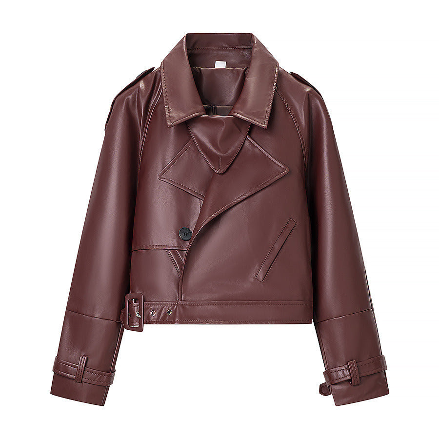 Women short cut biker jacket in leather look with asymmetrical lapel and waist belt Mune Fashion