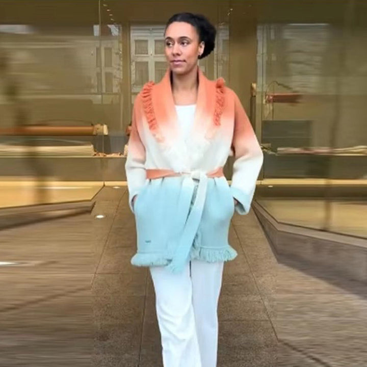 Women's Gradient Knit Cardigan with Fringes and Shawl Collar Mune Fashion