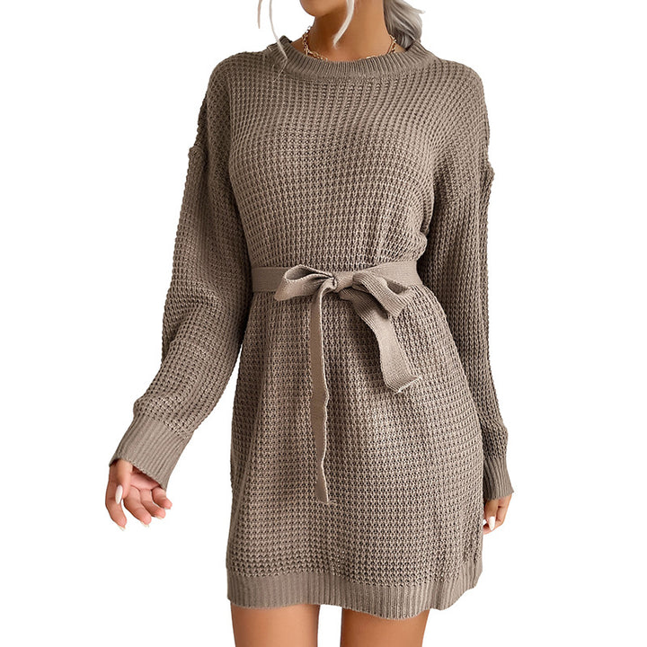 Ladies Fine Waffle Knit Mini Dress with Ties and Dropped Sleeves Mune Fashion