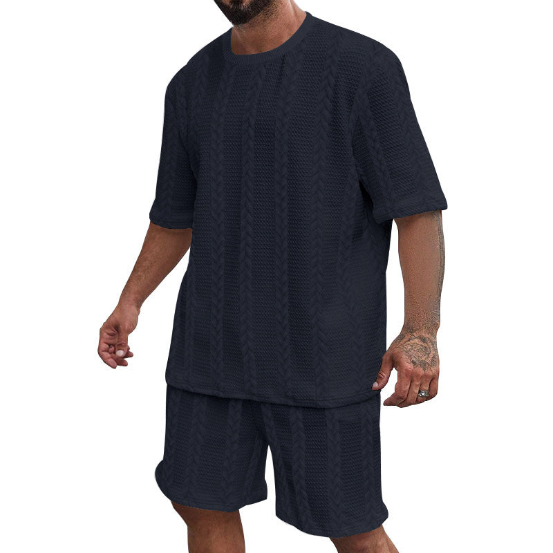 Men's relaxed braid-knit leisure set with wide short-sleeve shirt and elastic Bermuda Mune Fashion