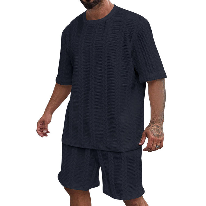 Men's relaxed braid-knit leisure set with wide short-sleeve shirt and elastic Bermuda Mune Fashion