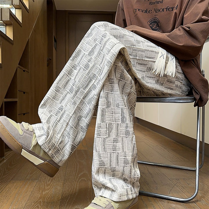 Men's Wide Structured Linen Look Pants with Relaxed Silhouette and Graphic Pattern Mune Fashion