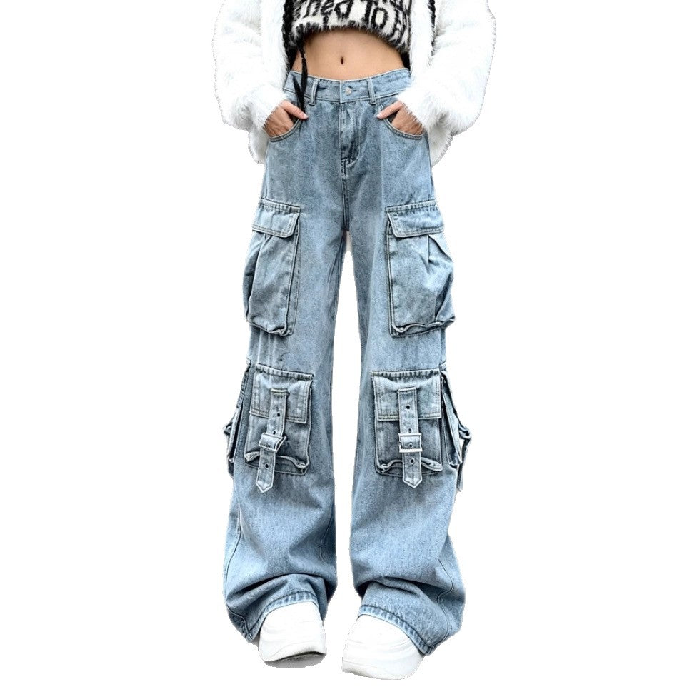 Women's Wide Cargo Jeans with Multiple Patch Pockets and Utility Details Mune Fashion