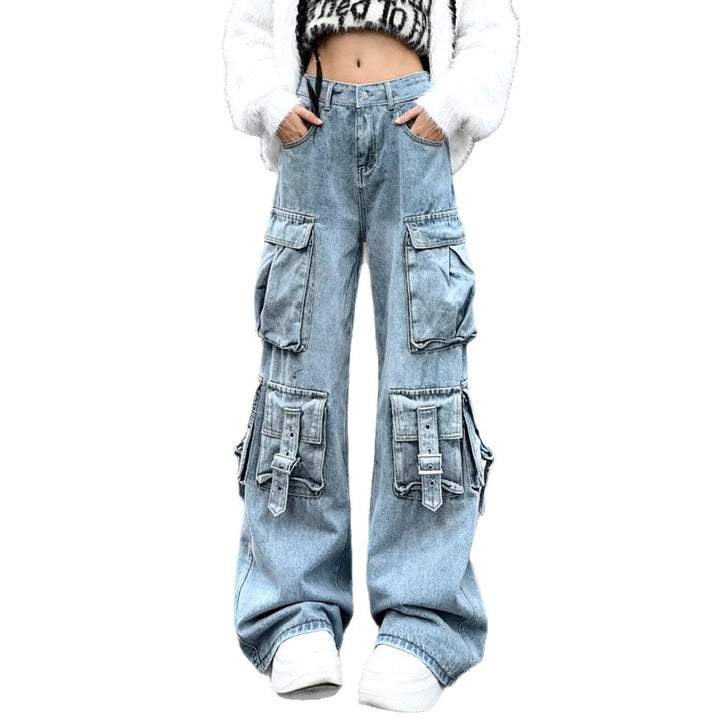 Women's Wide Cargo Jeans with Multiple Patch Pockets and Utility Details Mune Fashion